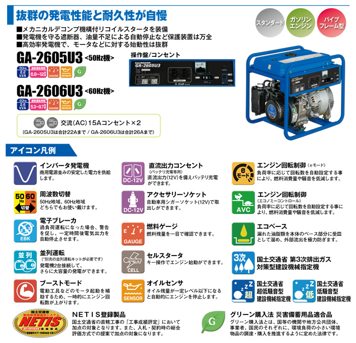 発電機 デンヨー 小型ガソリンタイプ発電機 GA-2605U3