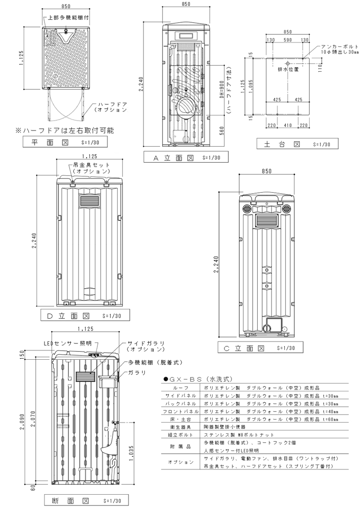 流行のアイテム 仮設トイレなら建設 ラッシュ PE製 仮設トイレ 簡易トイレ 仮設便所 水洗タイプ 小便器 GX-BS ※扉なし 災害トイレ 現場トイレ  防災トイレ